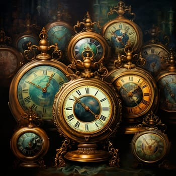 Step into a timeless era with this mesmerizing oil painting art style image. It beautifully showcases the nostalgic beauty of vintage clocks, each one uniquely designed and ornate. The focal point of the image is a harmoniously arranged collection of vintage clocks, evoking a sense of balance. The intricate details of the clocks transport you to a bygone era, while the flowing fabric and swirling patterns in the background add a touch of motion and enchantment. The clocks seem to play a symphony of time, leaving behind melodic footprints in their wake.