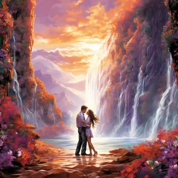 Immerse yourself in the enchantment of love with this lively and vibrant art style that showcases a magical scene of 'Cascade of Love: Vows Exchanged Amidst Cascading Waterfalls.' The picturesque landscape features magnificent waterfalls cascading down lush, verdant cliffs, creating a dreamy backdrop. At the center of the image, a joyous couple stands at the edge of a crystal-clear pool, surrounded by misty water spray and a vibrant array of colorful flowers. The scene is further elevated with sparkling rainbows and fluttering butterflies, adding an element of enchantment that perfectly complements the awe-inspiring power of nature. This captivating composition radiates love, romance, and the harmonious blend of human connection and the beauty of the natural world.