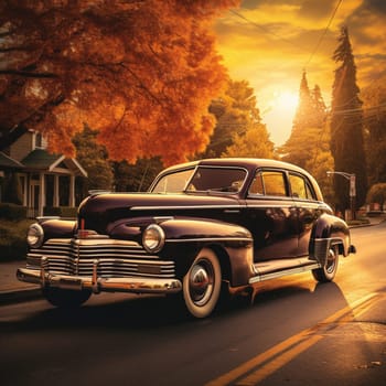 Step into the past with this captivating image of a vintage car in a nostalgic art style, capturing the essence of its bygone era. The vintage car is portrayed against a scenic backdrop, resembling a serene countryside road or a vintage city street with quaint buildings. The image exudes a warm, sepia-toned ambiance, enhancing the perception of nostalgia.