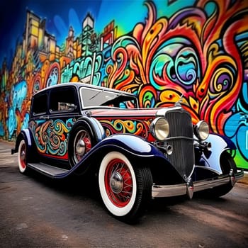 Step into the world of classic automobiles with this vibrant artwork titled 'Classic Lines, Endless Inspiration'. This piece captures the timeless beauty and allure of vintage cars, adorned with vivid graffiti art against a bustling urban backdrop. The bold and colorful art style, reminiscent of street art, adds a contemporary twist to the nostalgia-filled scene. Immerse yourself in the energy and creativity of this artwork, where classic lines meet endless inspiration.
