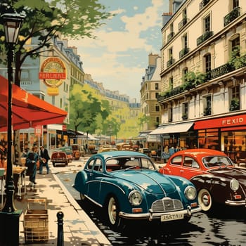 Create an image of a bustling street scene from the 1950s, showcasing an array of meticulously restored vintage cars. Picture yourself being transported back in time as you gaze upon these automotive delights. Parisian-style outdoor cafes, vibrant storefronts, and fashionable pedestrians pepper the background, adding to the nostalgic ambiance. Let the rich colors and classic details of these vintage beauties spark a wave of curiosity, fascination, and admiration amongst viewers. This art piece should evoke a sense of awe for the craftsmanship, style, and elegance of bygone eras. Show us a snapshot of a magical street where every turn reveals another automotive gem from the past.