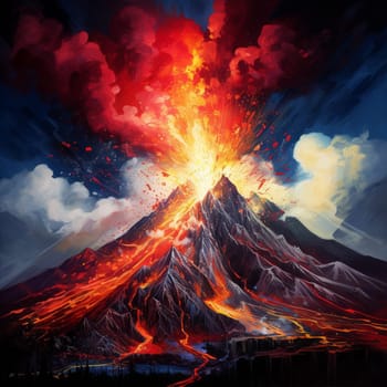 Be mesmerized by the breathtaking volcanic eruption in this vibrant and dynamic artwork. The scene captures the raw energy and destructive force of nature, with billowing smoke and ash, glowing hot lava cascading down the mountainside, and an intense fiery glow illuminating the night sky. The composition evokes a sense of awe and power, captivating viewers with its vivid depiction of the volcanic eruption.