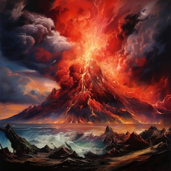 Behold the raw power and intensity of nature's fury in this visually captivating artwork titled 'Scorching Tempest'. This dynamic piece showcases a volcanic eruption with vibrant colors and bold brush strokes, creating a visually stunning depiction of the cataclysmic event. Lava spews from the volcano, engulfing the scene in fiery hues, while billowing clouds of smoke create an ominous atmosphere. In the foreground, glowing embers flicker and float, adding to the sense of danger and awe. The backdrop features a silhouetted landscape, accentuating the scale and magnitude of the eruption. Frightened onlookers can be seen in the distance, their tiny figures serving as a reminder of the immense power of nature. The composition is carefully balanced, drawing the viewer's attention and inviting them to pause and marvel at this breathtaking display of nature's might.