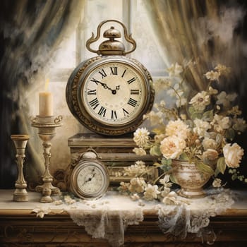 Step into a bygone era with this captivating image in a vintage art style. Inspired by the title 'Wistful Whispers: Vintage Clocks Unveiling Stories,' this illustration portrays an enchanting cluttered room adorned with antique clocks of various shapes, sizes, and styles. Each clock is intricately detailed, showcasing an aged patina and delicate hands frozen at different times, as if holding onto forgotten moments. Warm dappled sunlight filters through lace curtains, creating ethereal shadows that dance upon the timepieces, adding to the nostalgic ambiance. The scene is adorned with old handwritten letters, faded photographs, and forgotten trinkets, evoking a sense of fond reminiscence. The whimsical charm of the vintage clocks becomes the focal point, capturing the viewer's imagination and igniting a profound curiosity and longing for the untold tales they may hold.