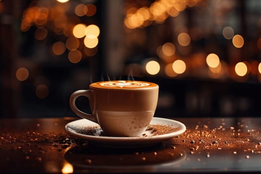A cup of aromatic cappuccino on a table in a cafe against a background of soft bokeh.