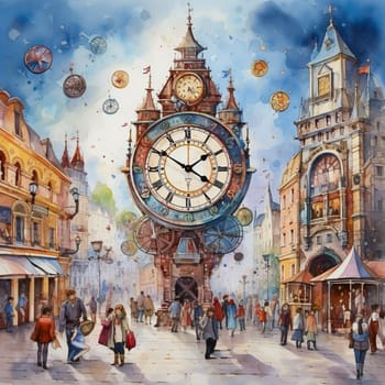 Immerse yourself in the whimsical art style of watercolor with this captivating image titled 'Time Traveler: A Journey through Vintage Clocks.' Transport yourself to a bustling city square filled with peculiar vintage clocks of all shapes and sizes. The artwork depicts a diverse group of people - from vividly dressed locals to curious tourists - marveling at the mystical powers of these antique timekeepers. Let this art piece take you on a journey through time, blending the nostalgic charm of the olden days with a touch of enchantment.