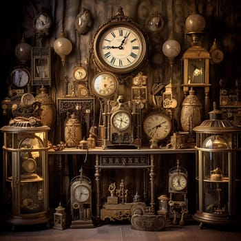 Step into the enchanting world of vintage clocks with 'Whispers of the Past: Vintage Clocks in Silent Glory.' This captivating image portrays a dimly lit room, brimming with the silent beauty of antique clocks of various shapes and sizes. The artistic lighting enhances the ambiance, casting a nostalgic glow that transports the viewer into a bygone era. Each clock is meticulously crafted with intricate details, which are artfully highlighted, inviting closer inspection. This image captures the essence of time standing still, evoking a sense of nostalgia and wonderment.