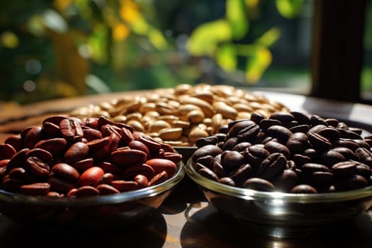 Bowls with different types of coffee on the table.