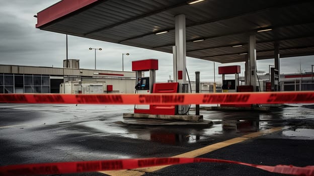 closed gas station without fuel, passage closed with red barrier tapes, gray hopeless morning, absence of people and cars, energy crisis, high quality photo
