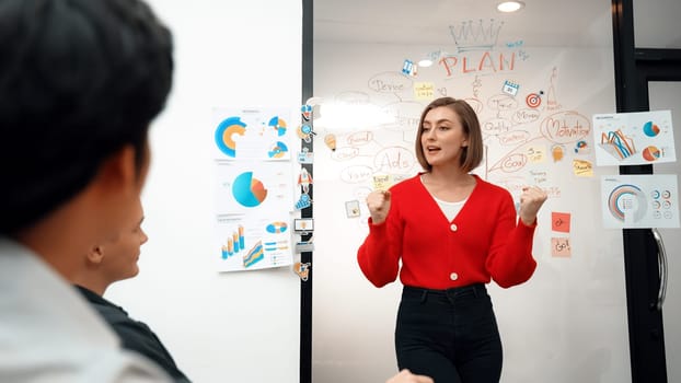Young beautiful caucasian businesswoman presenting marketing strategy by using mind map, graph while answering questions with confident. Teamwork, brainstorming, discussing concept. Immaculate.