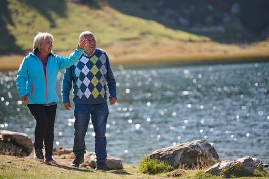 Elderly couple strolling through the breathtaking beauty of nature, maintaining their vitality and serenity, embracing the joys of a health-conscious and harmonious lifestyle.