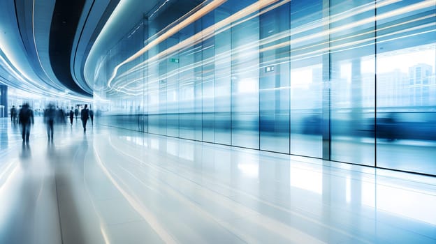 A sleek, modern corridor with reflective glass walls and blurred figures of people walking, conveying the fast pace of corporate life