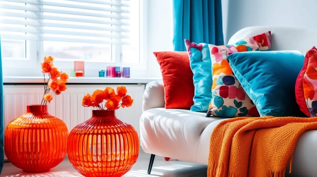 cozy interior with sofa and colored cushions - generative AI