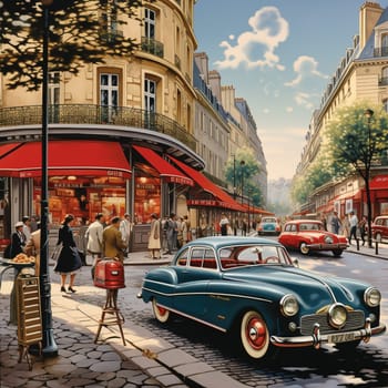 Create an image of a bustling street scene from the 1950s, showcasing an array of meticulously restored vintage cars. Picture yourself being transported back in time as you gaze upon these automotive delights. Parisian-style outdoor cafes, vibrant storefronts, and fashionable pedestrians pepper the background, adding to the nostalgic ambiance. Let the rich colors and classic details of these vintage beauties spark a wave of curiosity, fascination, and admiration amongst viewers. This art piece should evoke a sense of awe for the craftsmanship, style, and elegance of bygone eras. Show us a snapshot of a magical street where every turn reveals another automotive gem from the past.