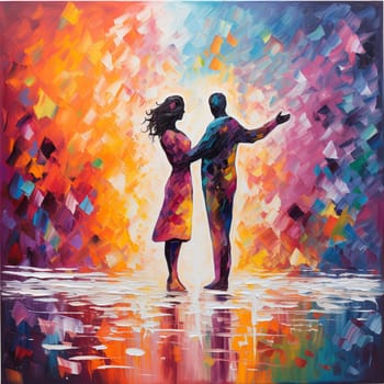 Experience the vibrant and joyous moment of a couple exchanging vows in a unique and colorful way on a canvas. This artistic representation depicts the theme of unity, joy, and harmony as the couple is surrounded by vibrant splashes of paint blending together, symbolizing their commitment. The lively and energetic art style reflects the significance and excitement of this special moment. Please note that the image does not contain any copyrighted content or recognizable trademarks.