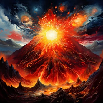 Immerse yourself in the vibrant and abstract world of 'Molten Chaos', an oil painting that captures the raw power and intense heat of a volcanic eruption with a modern twist. This visually stunning piece showcases a volcano erupting with incredible force, unleashing fiery lava and billowing smoke into a chaotic sky. The colors in this artwork blend together in a kaleidoscope of molten oranges, reds, and yellows, representing the danger and awe inspired by the scene. Experience the energy and destruction of the eruption as you gaze upon this captivating masterpiece.