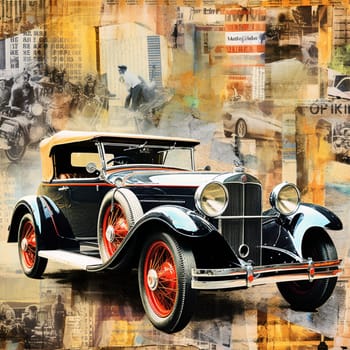 Embark on a thrilling journey through time with this art collage featuring vintage cars from various eras! Each car is intricately detailed with unique characteristics that evoke the essence of its respective time period. The composition exudes a sense of motion and excitement, capturing the viewer's imagination as they travel through different decades. Vibrant colors, dynamic perspectives, and visually captivating elements make this image stand out and grab attention on microstock sites.