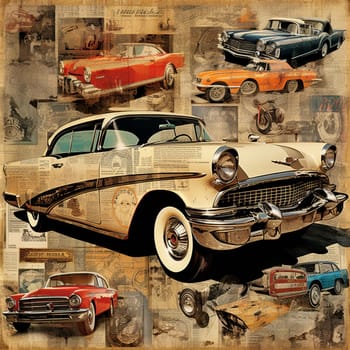 Embark on a thrilling journey through time with this art collage featuring vintage cars from various eras! Each car is intricately detailed with unique characteristics that evoke the essence of its respective time period. The composition exudes a sense of motion and excitement, capturing the viewer's imagination as they travel through different decades. Vibrant colors, dynamic perspectives, and visually captivating elements make this image stand out and grab attention on microstock sites.