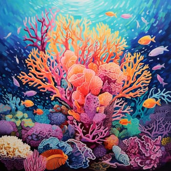 Immerse yourself in the enchanting world of this surreal underwater scene! Inspired by the artistic style of pointillism, vibrant coral reefs fuse together to form intricate patterns reminiscent of a kaleidoscope. The diverse range of coral species bursts with an array of colors, from vibrant pinks and oranges to cool blues and purples. The marine life surrounding the reefs adds depth and dynamism to the composition, with schools of tropical fish darting through the corals, creating pops of contrasting colors against the backdrop of crystal-clear turquoise waters. Prepare to be visually stunned by the mesmerizing beauty of the underwater world, evoking a sense of awe and wonder.