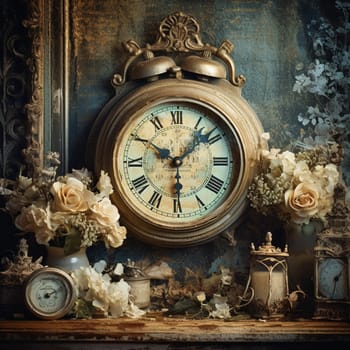 Step into a bygone era with this captivating image in a vintage art style. Inspired by the title 'Wistful Whispers: Vintage Clocks Unveiling Stories,' this illustration portrays an enchanting cluttered room adorned with antique clocks of various shapes, sizes, and styles. Each clock is intricately detailed, showcasing an aged patina and delicate hands frozen at different times, as if holding onto forgotten moments. Warm dappled sunlight filters through lace curtains, creating ethereal shadows that dance upon the timepieces, adding to the nostalgic ambiance. The scene is adorned with old handwritten letters, faded photographs, and forgotten trinkets, evoking a sense of fond reminiscence. The whimsical charm of the vintage clocks becomes the focal point, capturing the viewer's imagination and igniting a profound curiosity and longing for the untold tales they may hold.