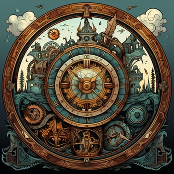 Enter a world of enchantment with this vintage clock, adorned with intricate details and mysterious elements. In a hand-drawn storytelling art style, the clock comes to life with its steam-powered gears and glowing mystical symbols. Surrounding the clock are objects that hint at different tales and stories, with fairies and anthropomorphic animals engaged in peculiar activities nearby. This captivating image evokes curiosity and sparks the imagination, leaving viewers wondering about the enchanting stories hidden within the clock's intricate mechanisms.