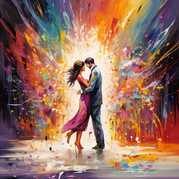 Experience the vibrant and joyous moment of a couple exchanging vows in a unique and colorful way on a canvas. This artistic representation depicts the theme of unity, joy, and harmony as the couple is surrounded by vibrant splashes of paint blending together, symbolizing their commitment. The lively and energetic art style reflects the significance and excitement of this special moment. Please note that the image does not contain any copyrighted content or recognizable trademarks.