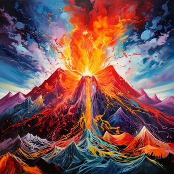 Immerse yourself in the vibrant and abstract world of 'Molten Chaos', an oil painting that captures the raw power and intense heat of a volcanic eruption with a modern twist. This visually stunning piece showcases a volcano erupting with incredible force, unleashing fiery lava and billowing smoke into a chaotic sky. The colors in this artwork blend together in a kaleidoscope of molten oranges, reds, and yellows, representing the danger and awe inspired by the scene. Experience the energy and destruction of the eruption as you gaze upon this captivating masterpiece.