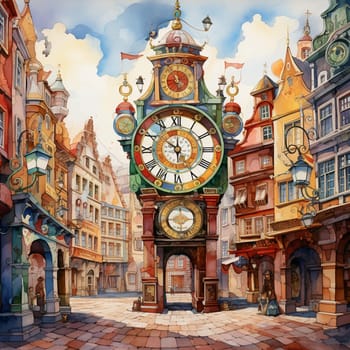 Immerse yourself in the whimsical art style of watercolor with this captivating image titled 'Time Traveler: A Journey through Vintage Clocks.' Transport yourself to a bustling city square filled with peculiar vintage clocks of all shapes and sizes. The artwork depicts a diverse group of people - from vividly dressed locals to curious tourists - marveling at the mystical powers of these antique timekeepers. Let this art piece take you on a journey through time, blending the nostalgic charm of the olden days with a touch of enchantment.