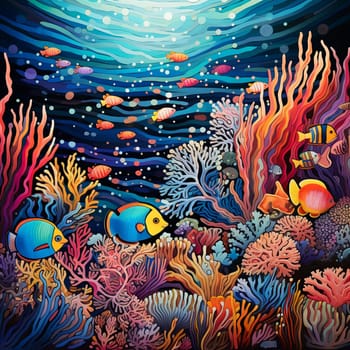 Immerse yourself in the enchanting world of this surreal underwater scene! Inspired by the artistic style of pointillism, vibrant coral reefs fuse together to form intricate patterns reminiscent of a kaleidoscope. The diverse range of coral species bursts with an array of colors, from vibrant pinks and oranges to cool blues and purples. The marine life surrounding the reefs adds depth and dynamism to the composition, with schools of tropical fish darting through the corals, creating pops of contrasting colors against the backdrop of crystal-clear turquoise waters. Prepare to be visually stunned by the mesmerizing beauty of the underwater world, evoking a sense of awe and wonder.