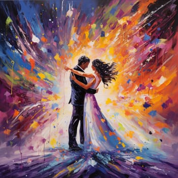 Experience the vibrant and joyous moment of a couple exchanging vows in a unique and colorful way on a canvas. This artistic representation depicts the theme of unity, joy, and harmony as the couple is surrounded by vibrant splashes of paint blending together, symbolizing their commitment. The lively and energetic art style reflects the significance and excitement of this special moment. Please note that the image does not contain any copyrighted content or recognizable trademarks.