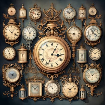 Step into the past with this stunning digital artwork! Inspired by the title 'Glimpses of History: Vintage Clocks as Artifacts,' this artwork depicts a table covered with a captivating assortment of intricately designed vintage clocks from various eras. Each clock is a unique representation of its time period, showcasing the artistic and mechanical intricacies of the era. The soft, muted colors of the watercolor style enhance the nostalgic and historical feel of the artwork, evoking a sense of wonder and curiosity. Get ready to be transported to a bygone era filled with the ticking of these magnificent timekeeping treasures!
