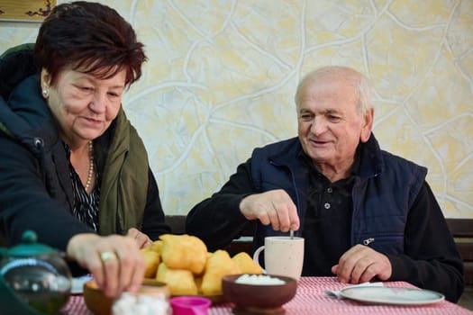 Elderly couple finds pure joy in the serene morning as they savor a cup of coffee, immersed in the tranquil beauty of nature that surrounds their rustic retreat.