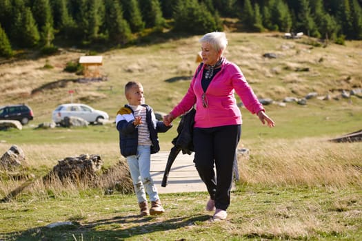 Elderly grandmother and her grandchild share a leisurely stroll through nature, enveloped in the beauty of their surroundings, fostering a bond that transcends generations.