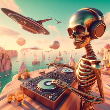 metallic alien dj with human skull, wearing glasses earphone dj of beach party in tropical island generative ai art