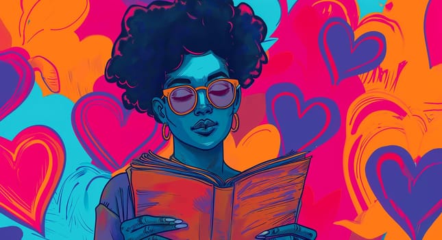 International Quirkyalone Day, February 14. Beautiful Stylish Woman With Curly Hair Reading book, line art, Colorful Hearts are on background. AI Generated Horizontal. High quality illustration