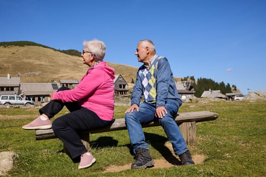 Elderly couple finding solace and joy as they rest on a park bench, engaged in heartfelt conversation, following a rejuvenating strol a testament to the enduring companionship and serene connection that accompanies the golden years.