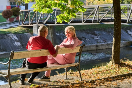 Elderly couple finding solace and joy as they rest on a park bench, engaged in heartfelt conversation, following a rejuvenating strol a testament to the enduring companionship and serene connection that accompanies the golden years.