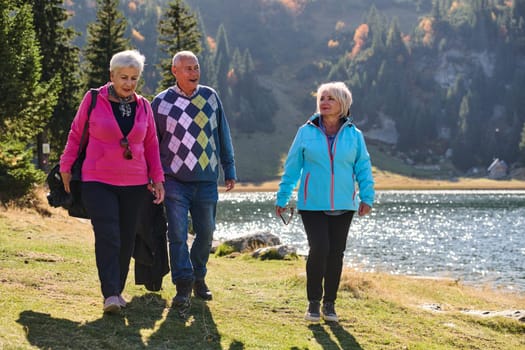 A family shares delightful moments with their friends amid the stunning landscapes of mountains, lakes, and winding paths, promoting a healthy lifestyle and the joy of familial bonds in the embrace of nature's beauty.