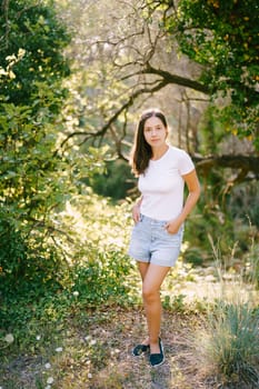 Young woman standing with hands in shorts pockets in green park. High quality photo