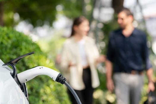 Young couple recharge electric car's battery from charging station in outdoor green city park in springtime. Rechargeable EV car for sustainable environmental friendly urban travel lifestyle.Expedient