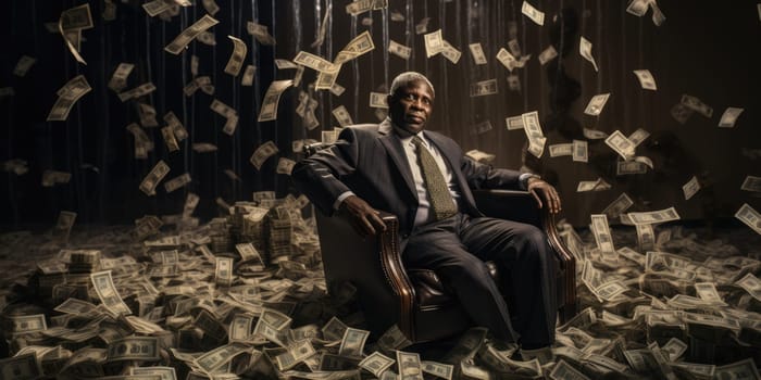 Billionaire on Huge Pile of Banknotes Rich and Prosperity Comeliness