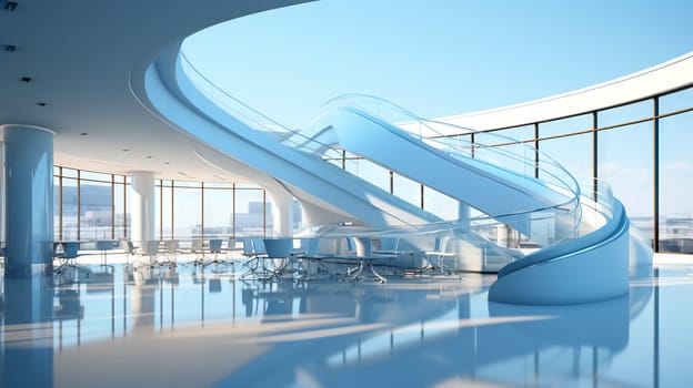 Abstract architecture scene with smooth curves. Abstract background with futuristic building in white and blue colors. Generated AI