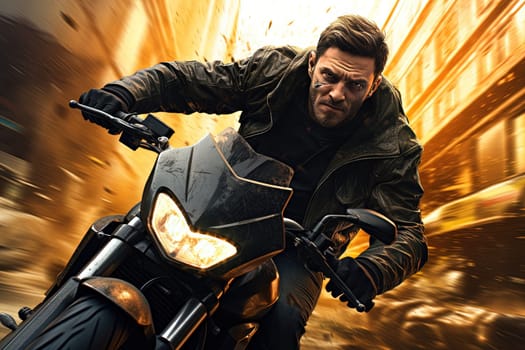 Action shot with man riding away on bike. Dynamic scene in action movie blockbuster style. Generated AI