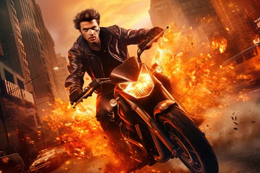 Action shot with man riding away from explosion on bike. Dynamic scene with fire in action movie blockbuster style. Generated AI
