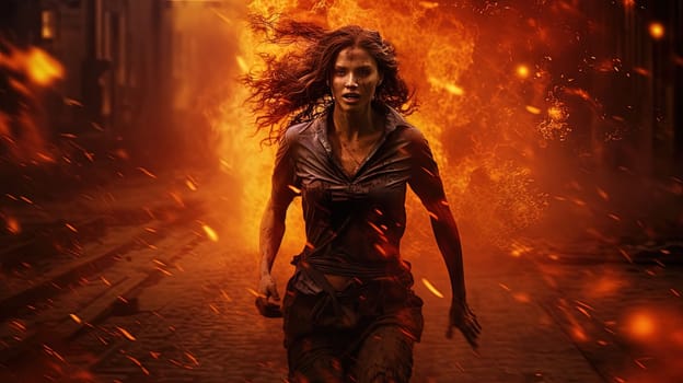 Action shot with woman on the run. Dynamic scene in action movie blockbuster style. Generated AI.