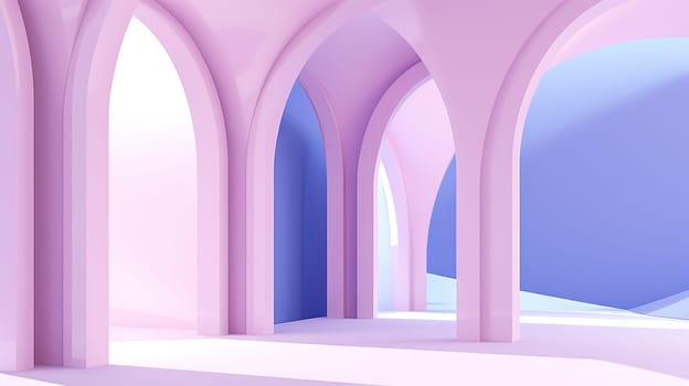 Abstract pink room with arch. Surreal architectural abstraction in pastel colors. Generated AI