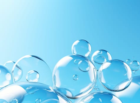 Soaring bubbles on blue background. Abstract soap bubbles floating background. Generated AI