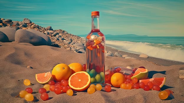 Bottle with fruit water or alcohol in the sand of the beach. Vacation scene with lemonade bottle on the shore line. Generative AI
