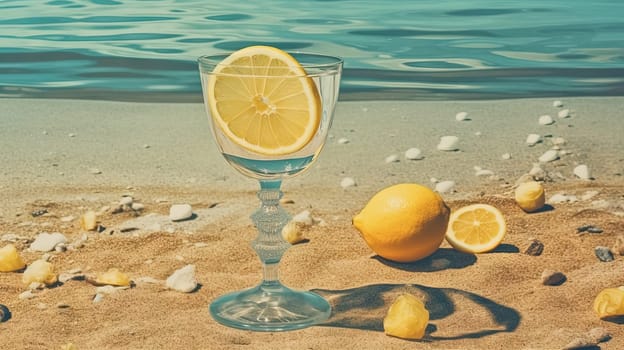 Glass with lemon water in the sand of the beach. Vacation scene with lemonade glass on the shore line. Generative AI.