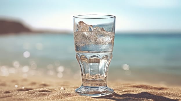 Glass with water in the sand of the beach. Vacation scene with glass on the shore line. Generative AI.